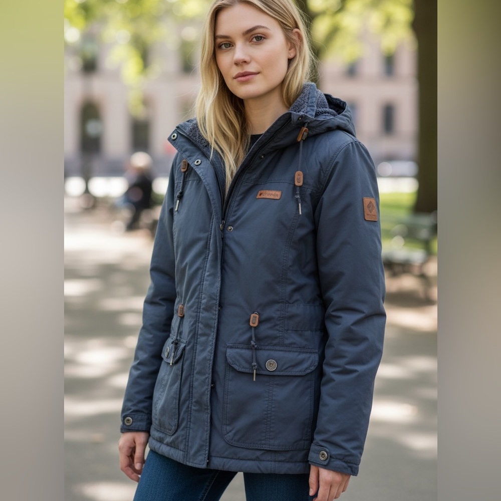 Columbia Women's Sherpa-Lined Hooded Outdoor Parka Cargo Pockets Blue Gray Sz L